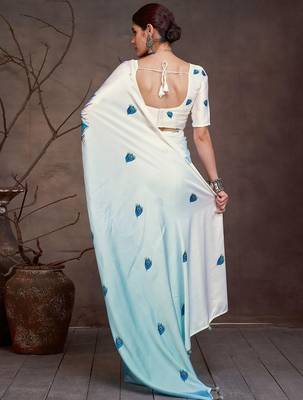 Blue ethnic motifs printed satin saree with blouse piece 3