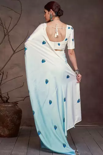 Blue ethnic motifs printed satin saree with blouse piece