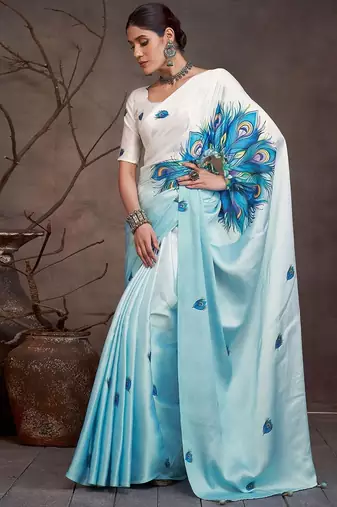 Blue ethnic motifs printed satin saree with blouse piece
