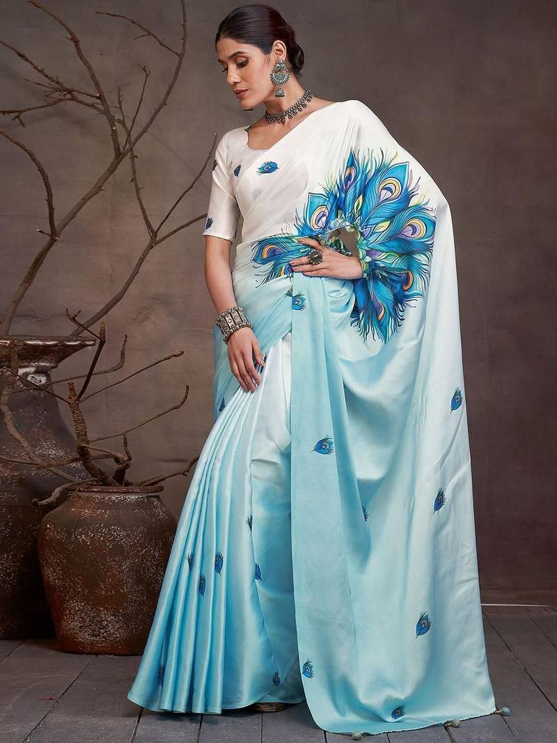 Blue ethnic motifs printed satin saree with blouse piece