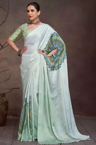 White floral satin saree