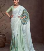 White floral satin saree
