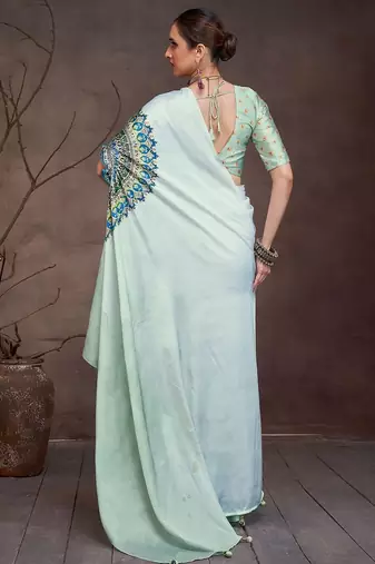 White floral satin saree