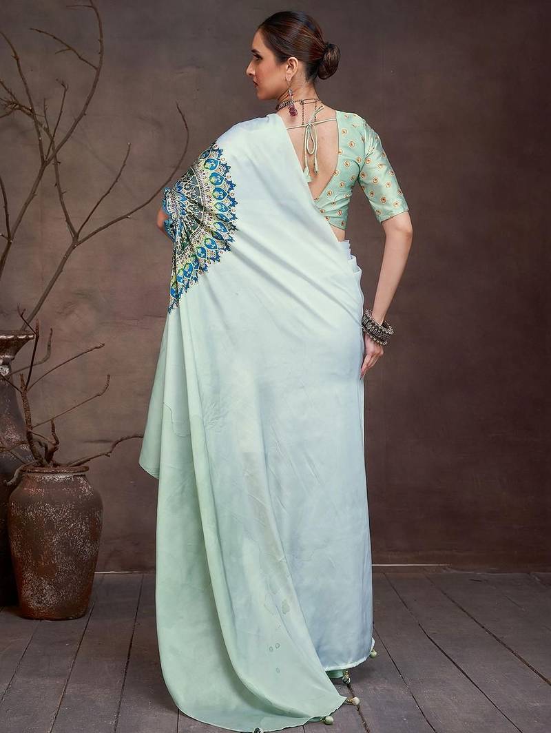 White floral satin saree