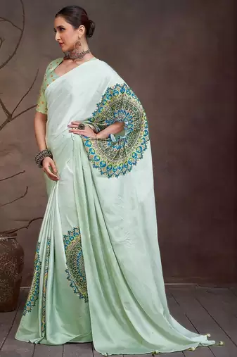 White floral satin saree