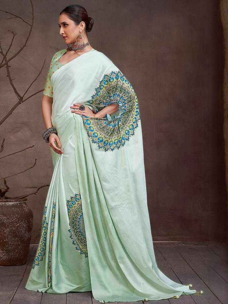 White floral satin saree
