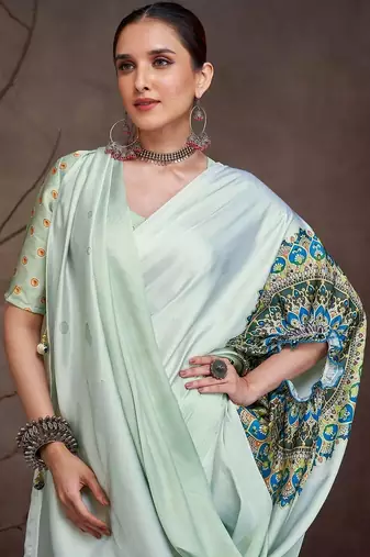 White floral satin saree