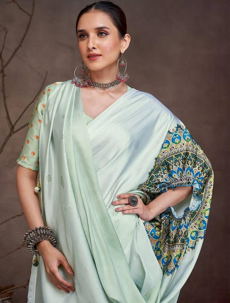 White floral satin saree