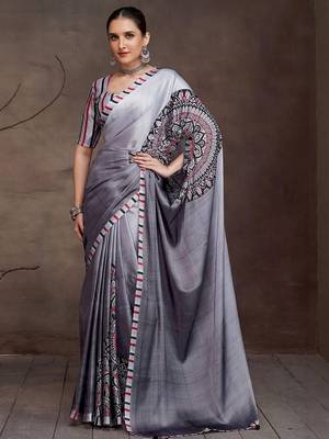 Charcoal floral satin saree 1