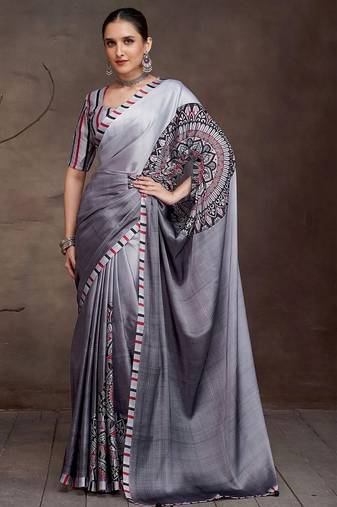 Charcoal floral satin saree