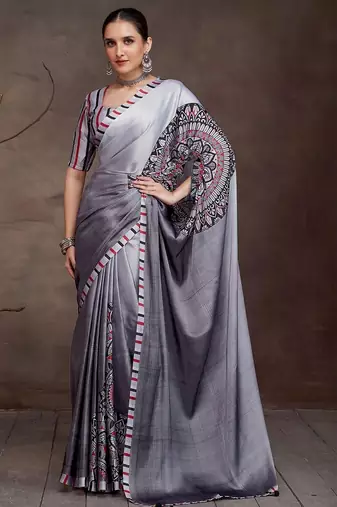 Charcoal floral satin saree