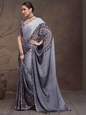 Charcoal floral satin saree 3