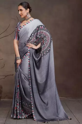 Charcoal floral satin saree
