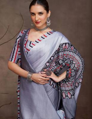 Charcoal floral satin saree 4