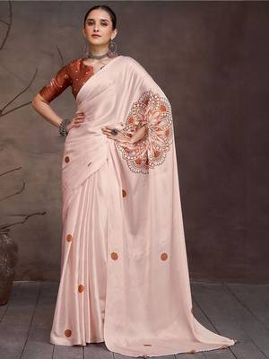 Cream floral satin saree 1