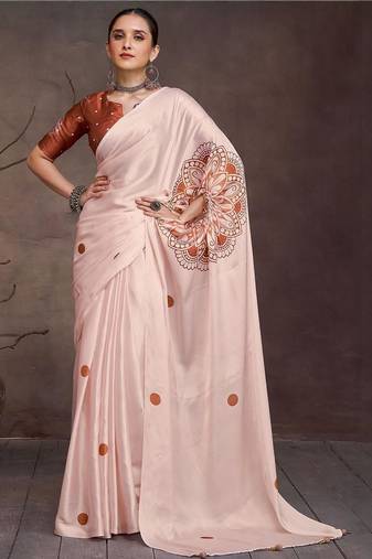 Cream floral satin saree