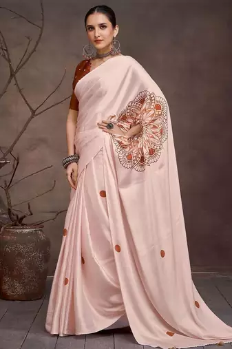 Cream floral satin saree