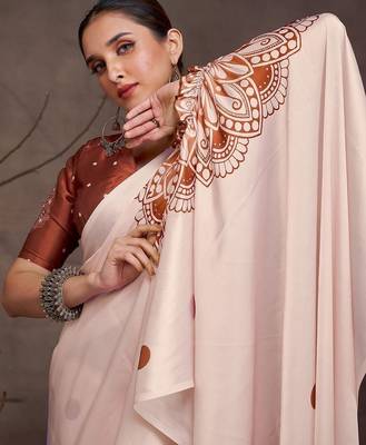 Cream floral satin saree 4