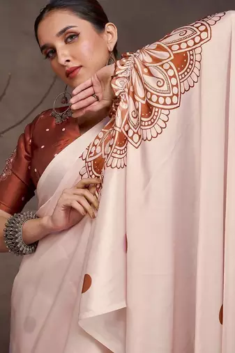 Cream floral satin saree