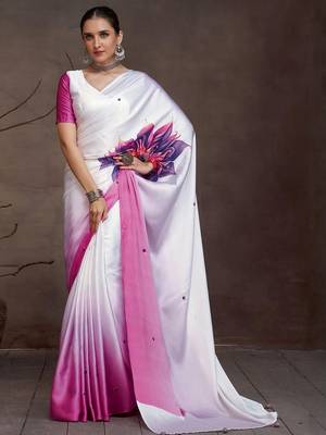 White floral printed saree with matching blouse 1