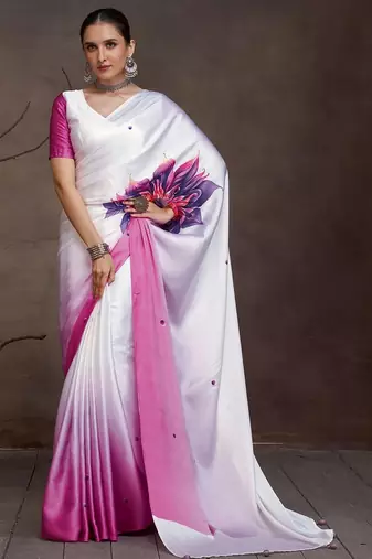 White floral printed saree with matching blouse