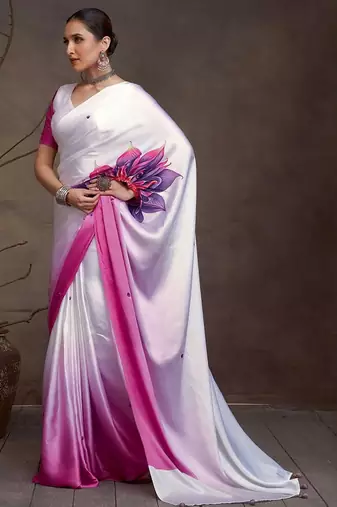 White floral printed saree with matching blouse