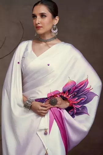 White floral printed saree with matching blouse