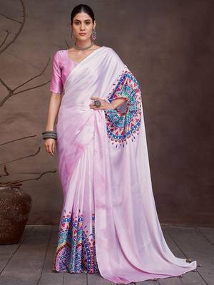 Pink satin designer saree 1