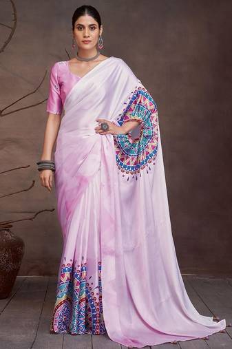 Pink satin designer saree