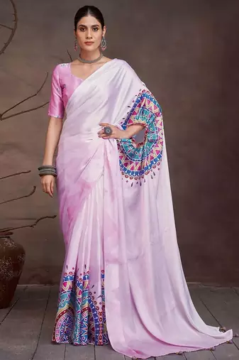 Pink satin designer saree