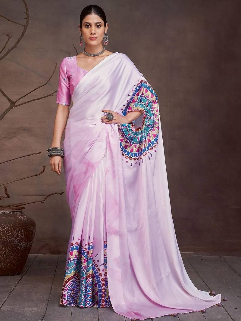 Pink satin designer saree