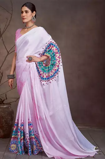 Pink satin designer saree