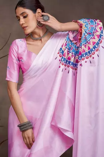 Pink satin designer saree