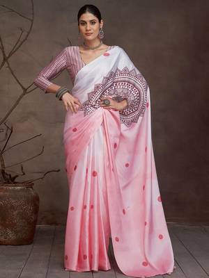 Pink polka dot printed satin saree with unstitched blouse piece 1