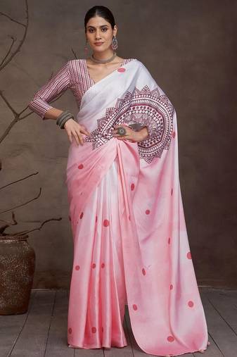 Pink polka dot printed satin saree with unstitched blouse piece
