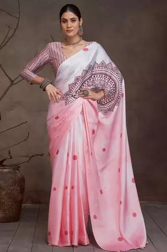 Pink polka dot printed satin saree with unstitched blouse piece