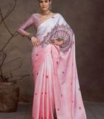 Pink polka dot printed satin saree with unstitched blouse piece