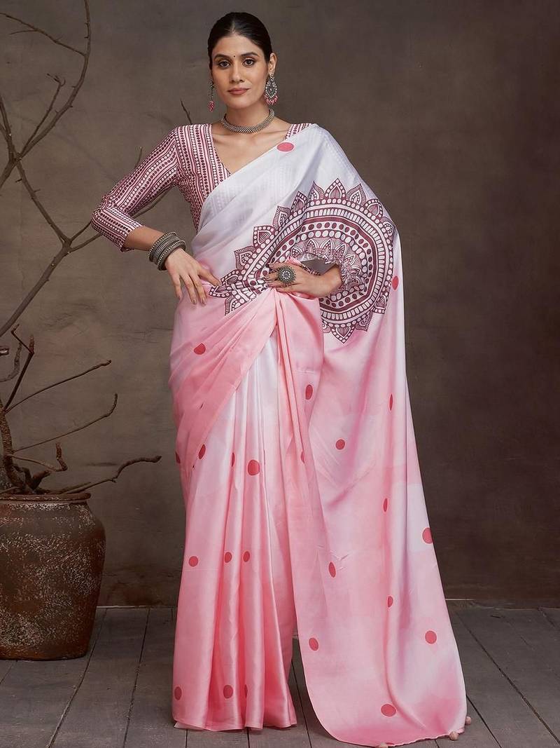 Pink polka dot printed satin saree with unstitched blouse piece