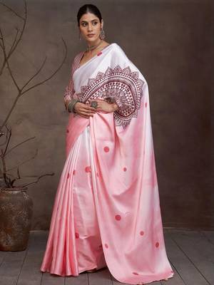 Pink polka dot printed satin saree with unstitched blouse piece 2