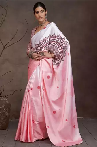Pink polka dot printed satin saree with unstitched blouse piece