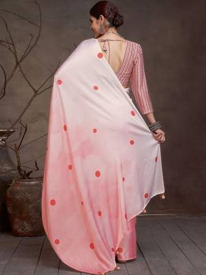 Pink polka dot printed satin saree with unstitched blouse piece 3
