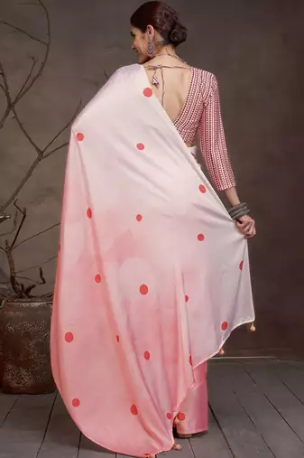 Pink polka dot printed satin saree with unstitched blouse piece