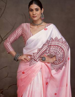 Pink polka dot printed satin saree with unstitched blouse piece 4