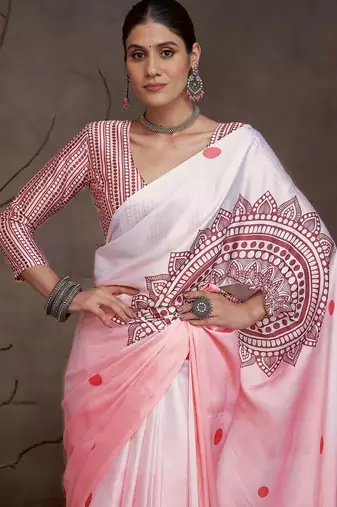 Pink polka dot printed satin saree with unstitched blouse piece
