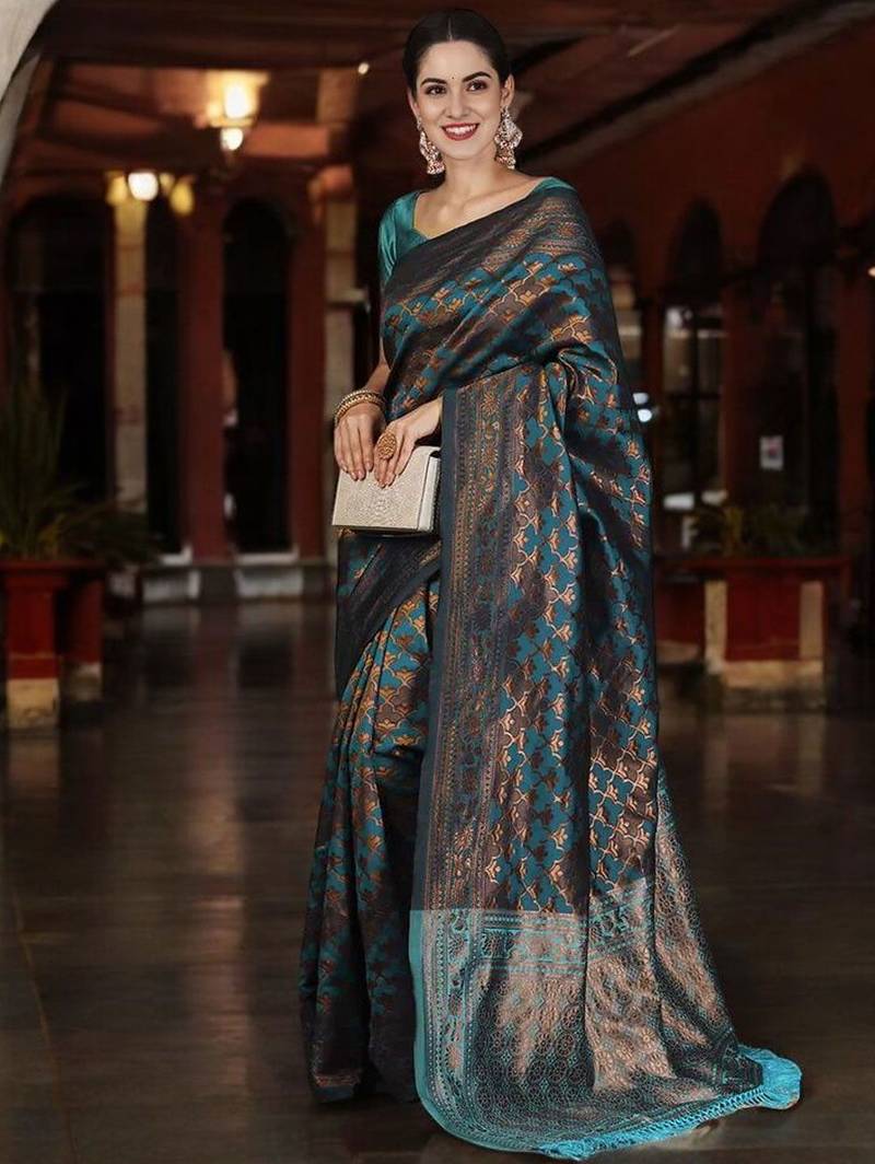 Teal woven design zari silk blend banarasi saree