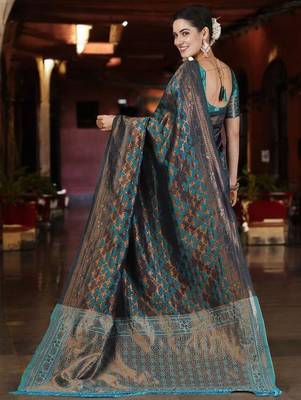 Teal woven design zari silk blend banarasi saree 2