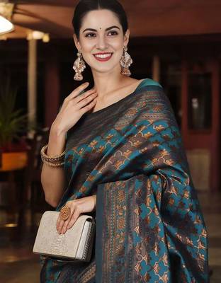 Teal woven design zari silk blend banarasi saree 3