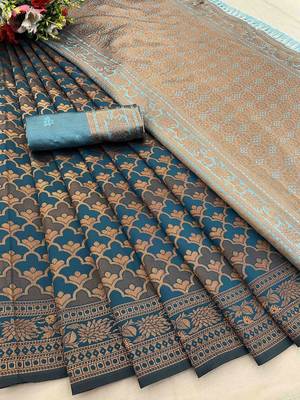 Teal woven design zari silk blend banarasi saree 4