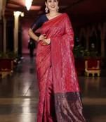 Peach woven design zari silk blend banarasi saree