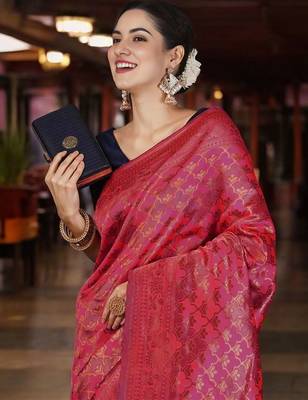 Peach woven design zari silk blend banarasi saree 3